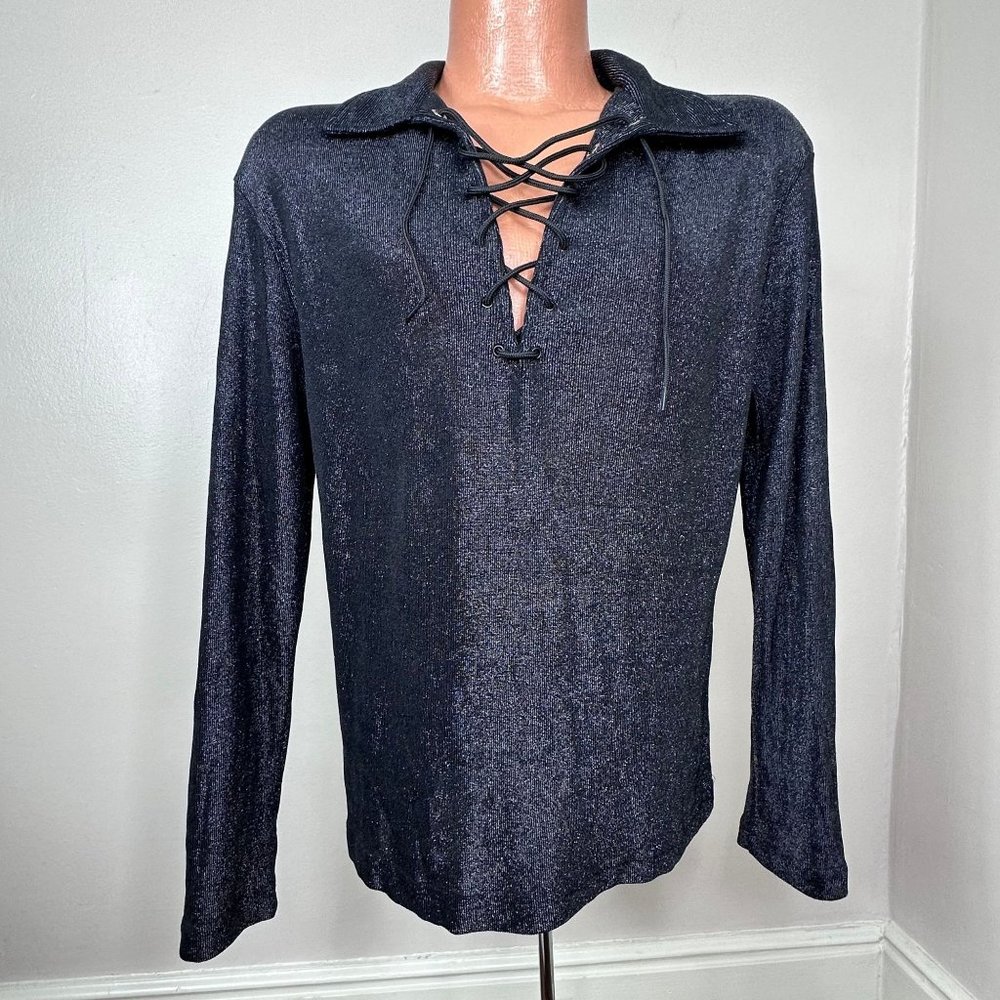 Vintage 1990s Black Sparkle Lace Up Shirt, Lip Service Size Medium-Large
